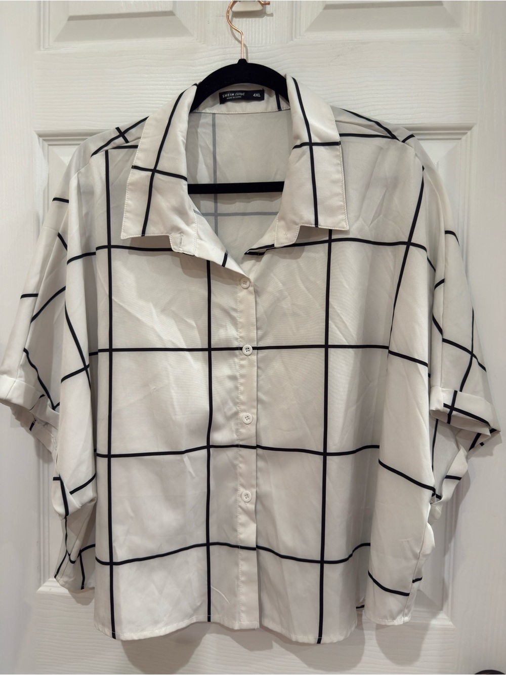 Short Sleeve Button Up Black and White Cuffed Batwing Sleeve Grid Shirt